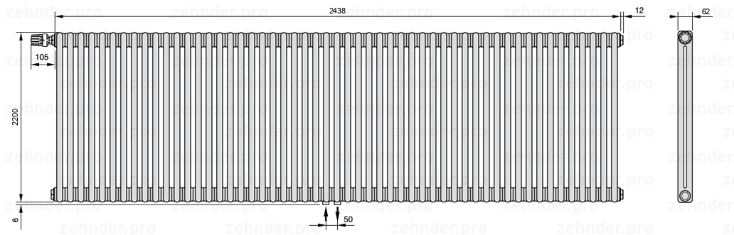 Схема (чертеж) Радиатор Zehnder Charleston 2220/53 №V007 Белый глянцевый RAL 9016